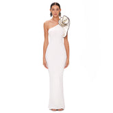 White One Shoulder Floral Black Hook Slim Fit Maxi Dress Backless Dress Bandage Elastic Dress